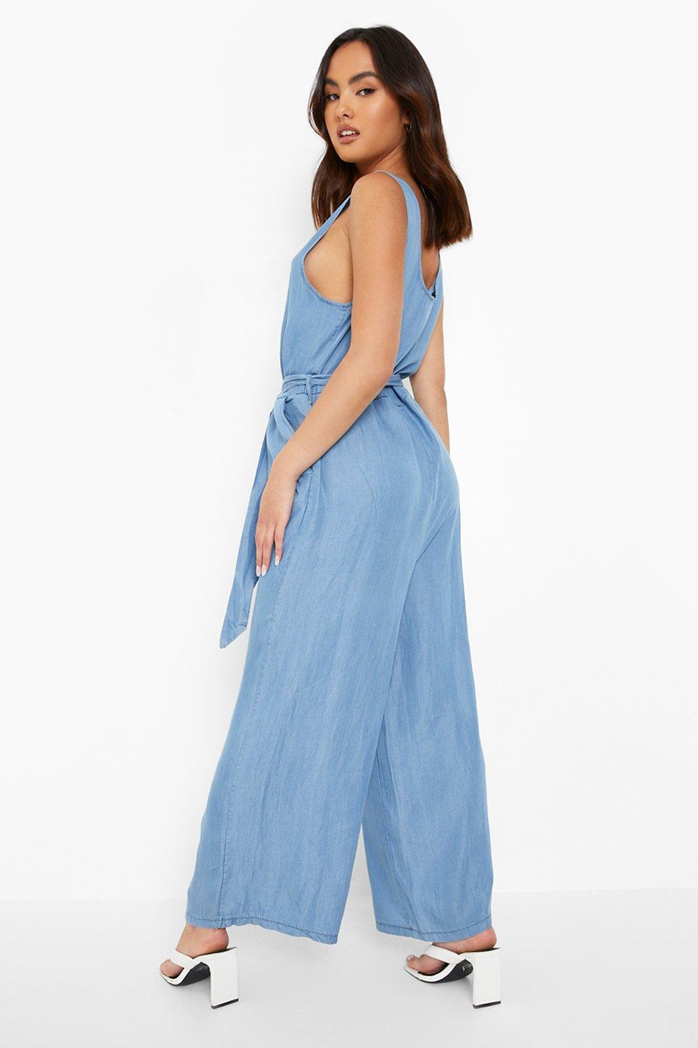 Denim jumpsuit tie store waist